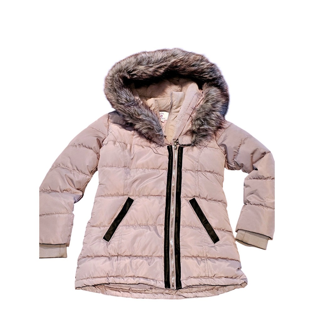 Bella & Birdie Puffer Coat Faux Fur Hood Quilted Gray Girls Size 7/8